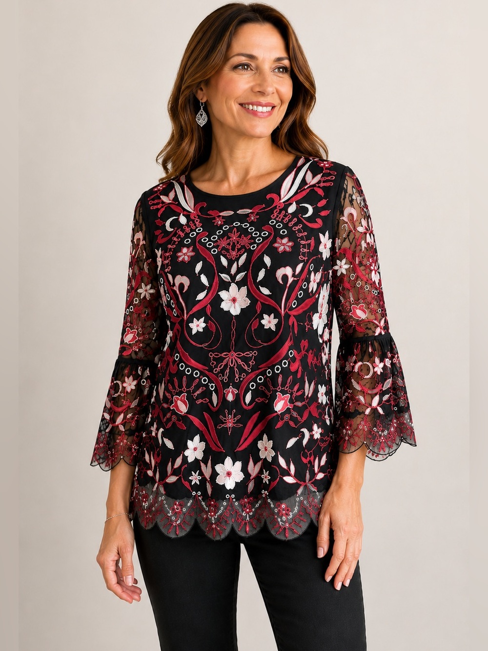 Alfani Embroidered Tunic Top Mesh Overlay Bell Sleeve Boho Floral Medium Petite